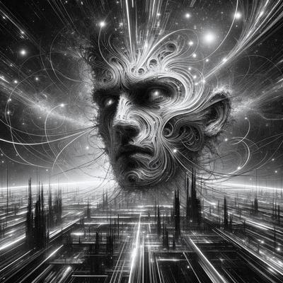 The primary subject of the image is a close-up of a person's face, which appears to be a digital art or illustration. The face is surrounded by a complex and intricate pattern of lines and shapes, giving the image a futuristic and surreal appearance. The setting is a dark, starry background that contrasts with the detailed facial features. The visual style is a combination of digital art and illustration, creating a unique and captivating image. The colors and mood of the image are predominantly